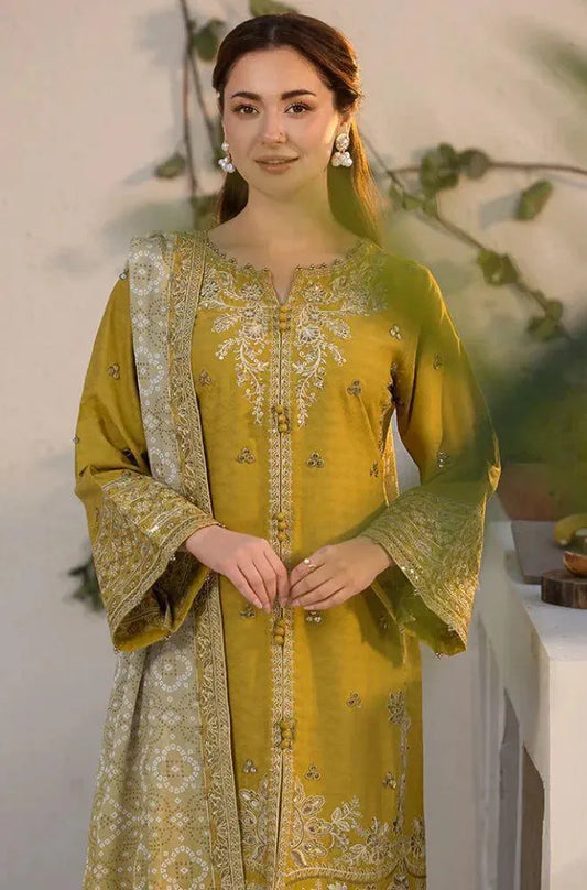 Mustard Embroidered 3Pcs Women's Lawn Suit Set