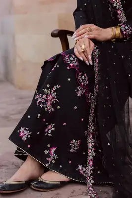 Elegant Black Embroidered Cotton Suit - 3 Pcs Set in Crinkle Chiffon