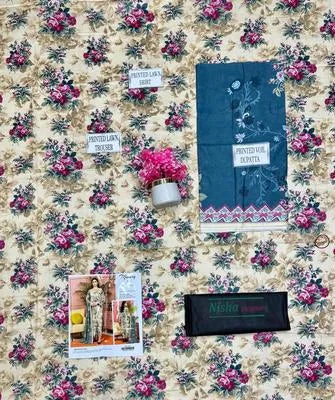 Women's 3 Pcs Printed Lawn Suit Off White Floral