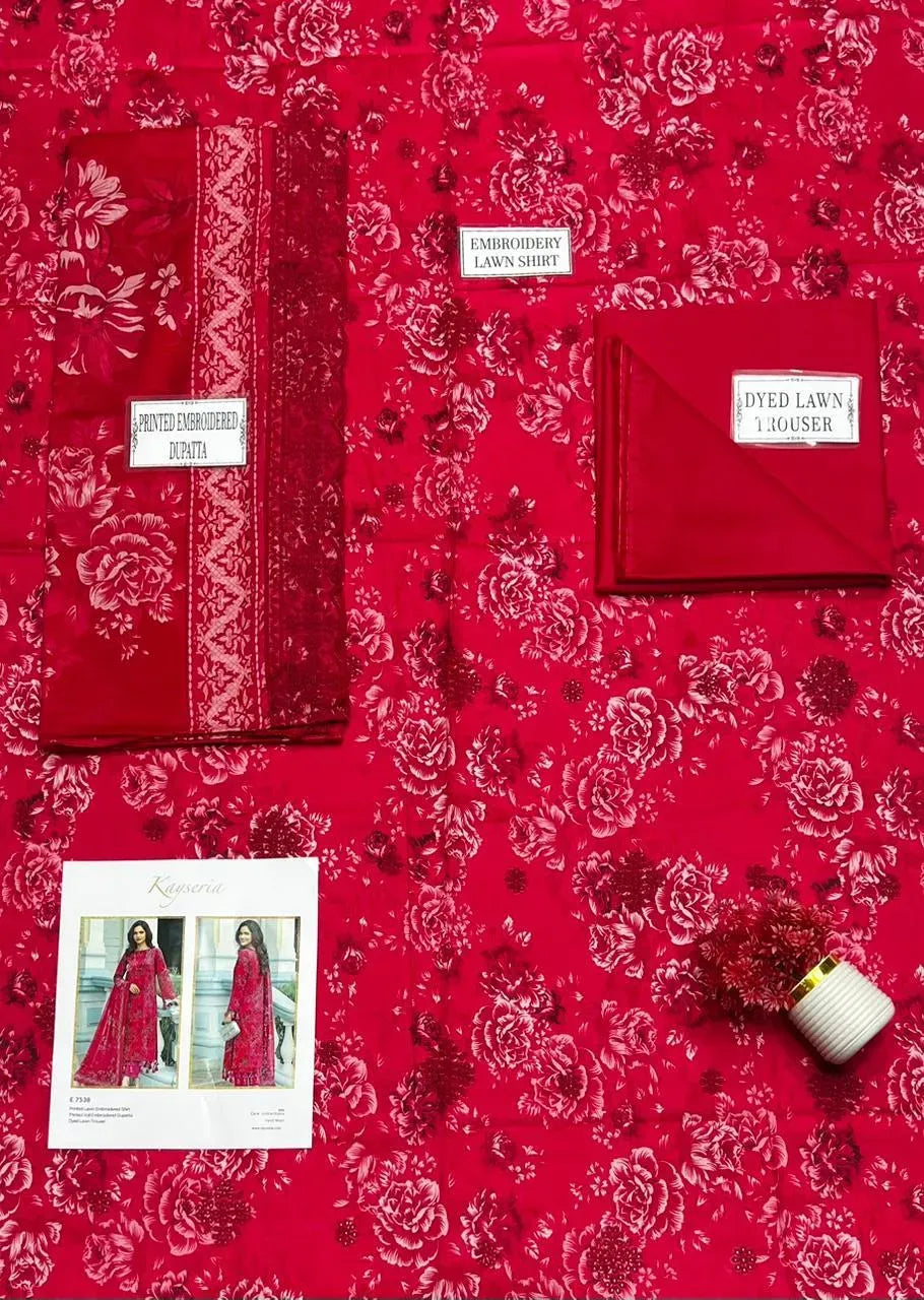 Red Embroidered Lawn 3Pcs Anarkali Set