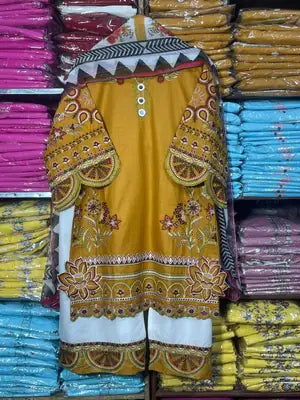 3 Pcs Women's Stitched Cotton Embroidered Suit