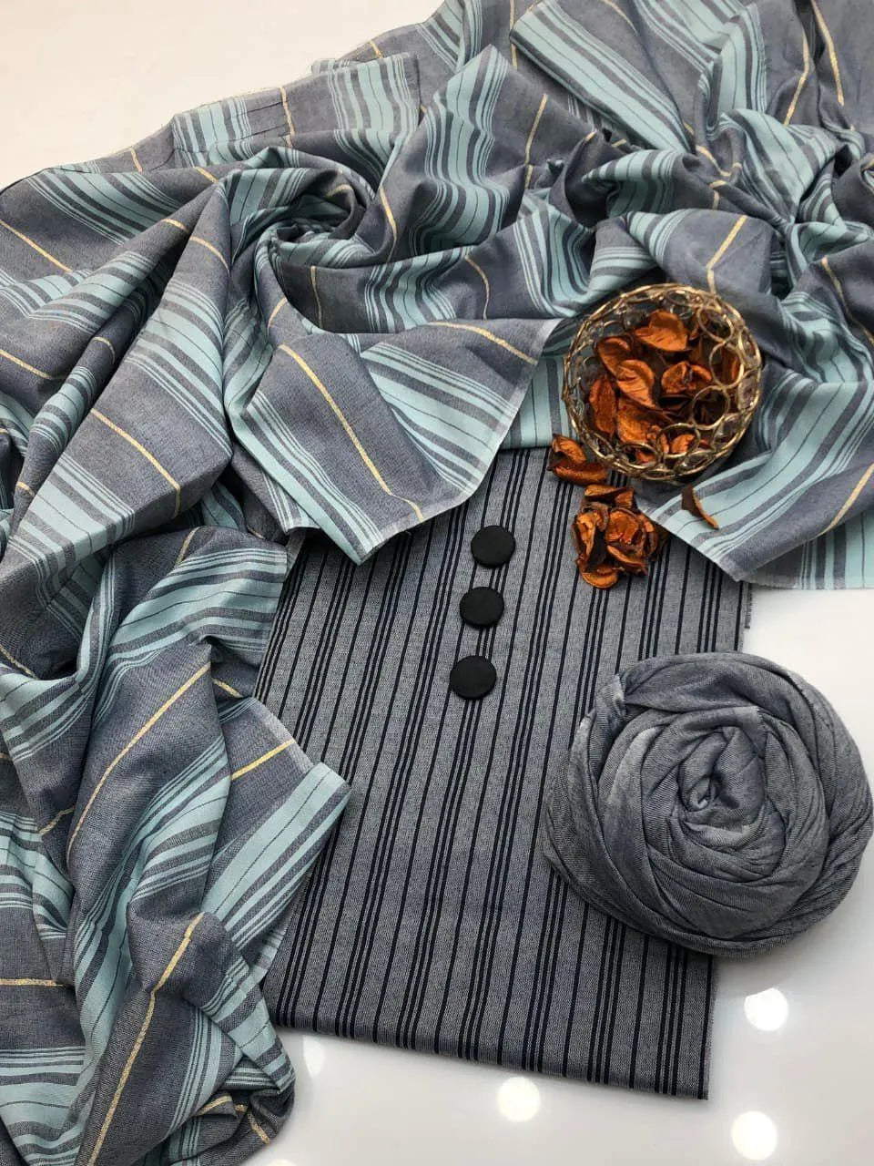 Grey Printed Khaadi 3Pcs Shirt Trouser Dupatta Set