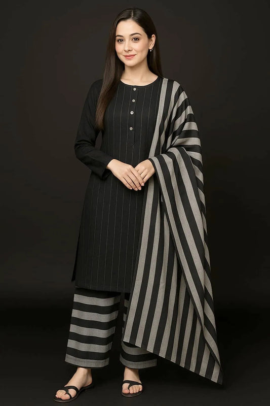 Black Striped 3-Piece Kurta Set for Women