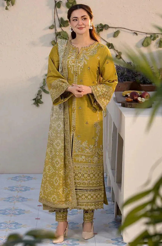 Mustard Embroidered 3Pcs Women's Lawn Suit Set