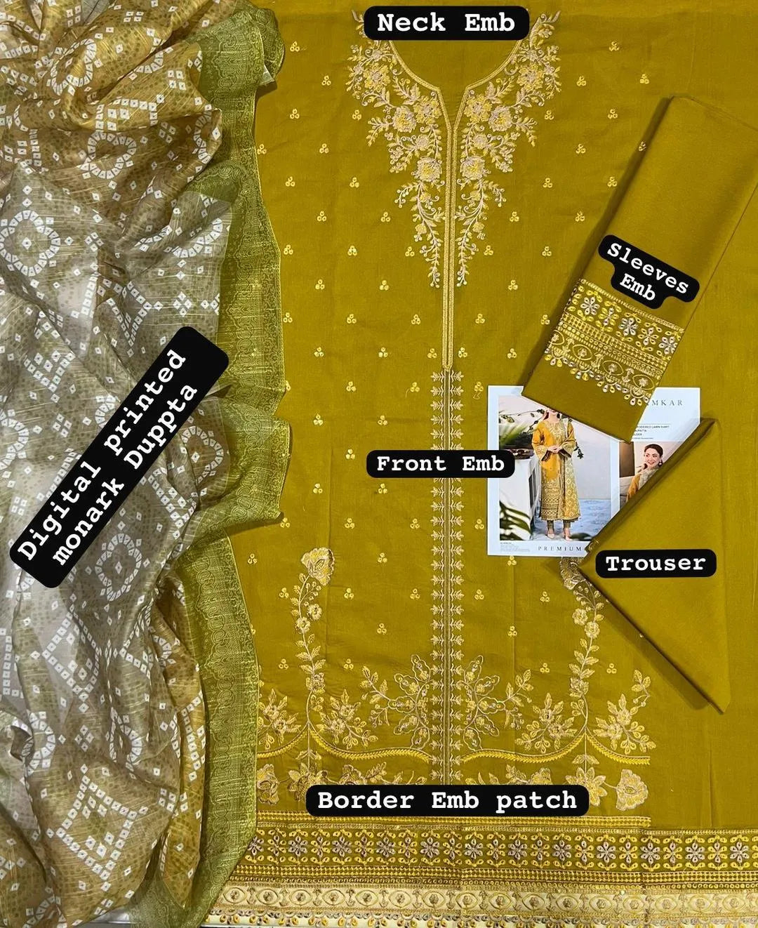 Mustard Embroidered 3Pcs Women's Lawn Suit Set