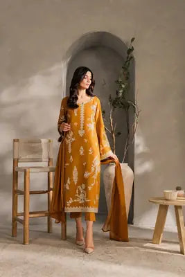 Chic Mustard Linen Embroidered Suit - 3 Pcs Set for Women's Fashion