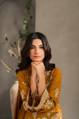 Chic Mustard Linen Embroidered Suit - 3 Pcs Set for Women's Fashion