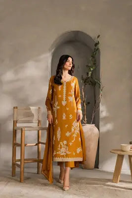 Chic Mustard Linen Embroidered Suit - 3 Pcs Set for Women's Fashion