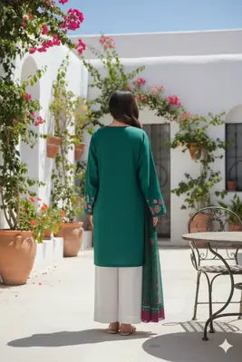 Stunning Printed Silk Suit - 3 Pcs Set in Green