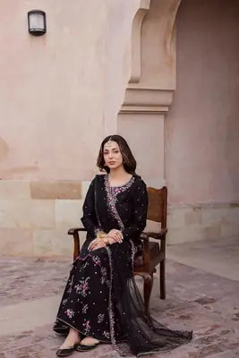 Elegant Black Embroidered Cotton Suit - 3 Pcs Set in Crinkle Chiffon