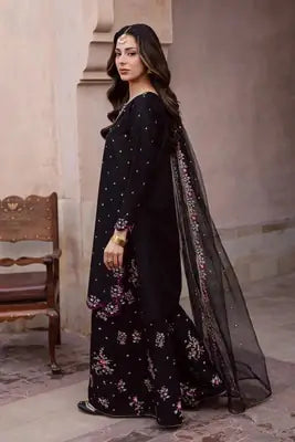 Elegant Black Embroidered Cotton Suit - 3 Pcs Set in Crinkle Chiffon