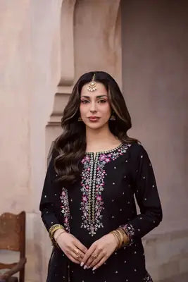 Elegant Black Embroidered Cotton Suit - 3 Pcs Set in Crinkle Chiffon
