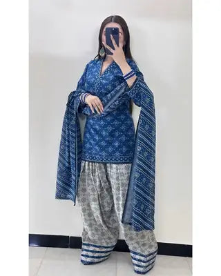 Stunning Women's Stitched Suit with Digital Print - 3 Pcs in Blue