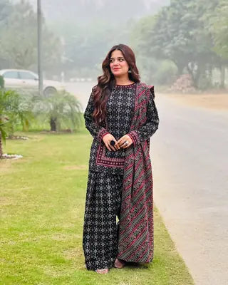 Stylish Women's Stitched Digital Printed Suit - 3 Pcs in Black