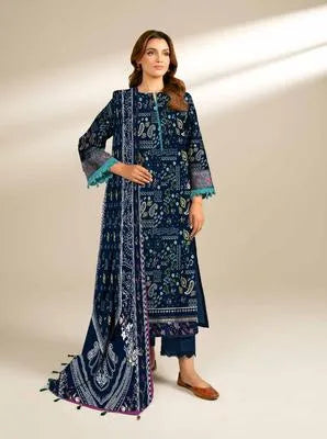 Unstitched Printed Linen 3-Piece Suit Blue