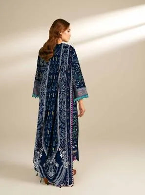 Unstitched Printed Linen 3-Piece Suit Blue