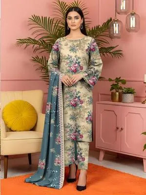 Women's 3 Pcs Printed Lawn Suit Off White Floral