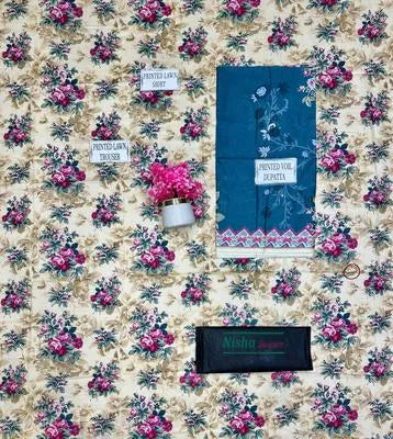 Women's 3 Pcs Printed Lawn Suit Off White Floral