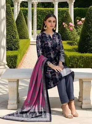 Blue Printed Dobby Lawn 3Pcs Women Suit Set