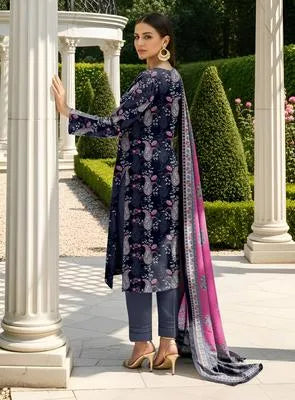 Blue Printed Dobby Lawn 3Pcs Women Suit Set