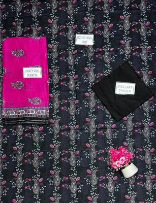 Blue Printed Dobby Lawn 3Pcs Women Suit Set