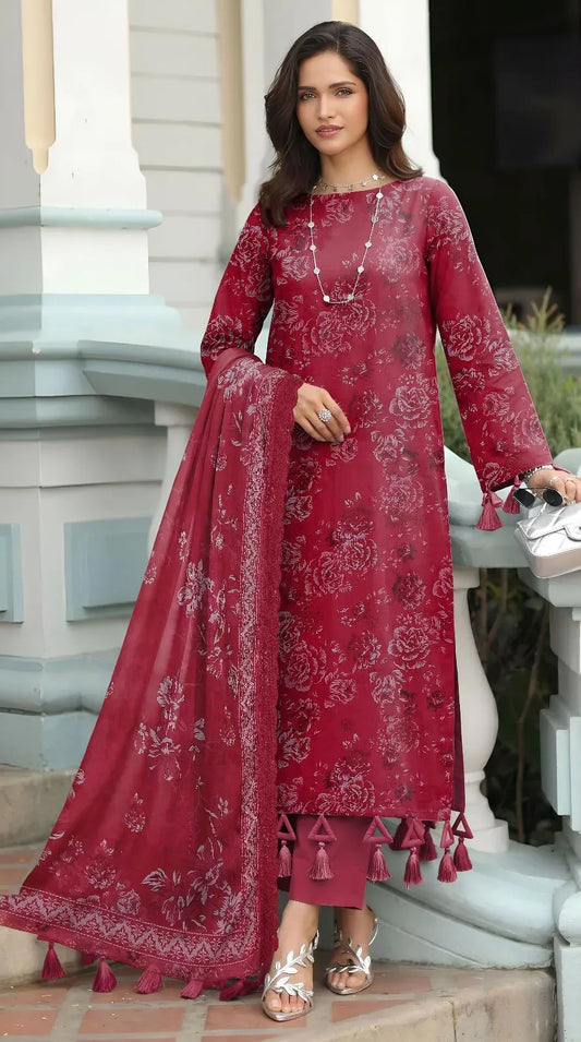 Red Embroidered Lawn 3Pcs Anarkali Set