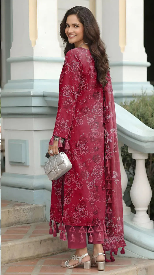Red Embroidered Lawn 3Pcs Anarkali Set