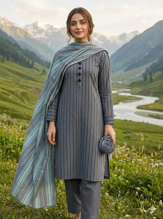 Grey Printed Khaadi 3Pcs Shirt Trouser Dupatta Set