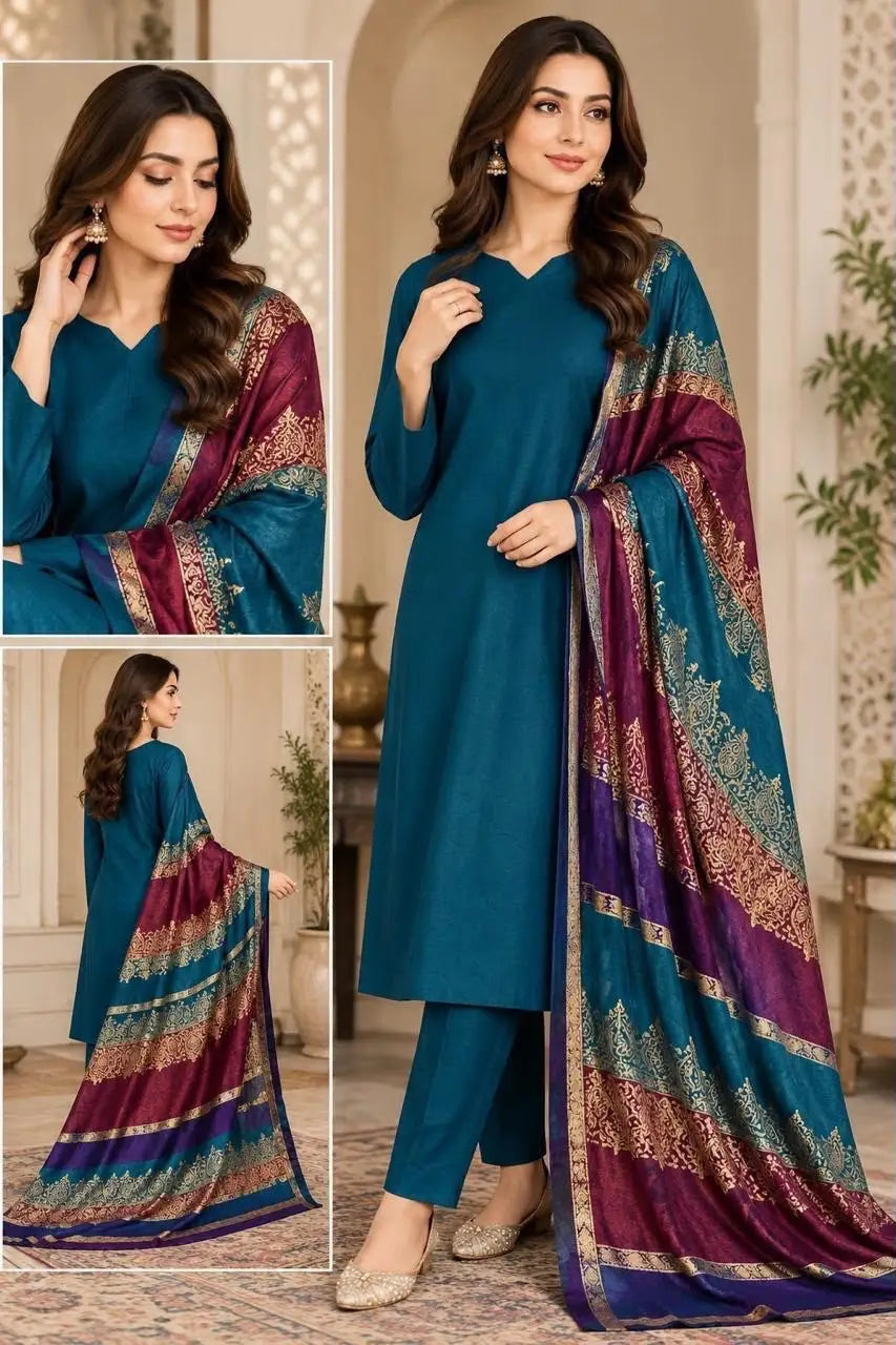 3 Pcs Women's Unstitched Plain Suit